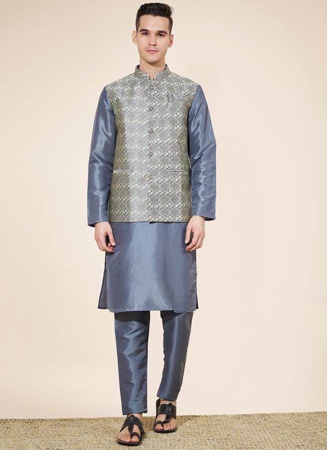 Pure Silk Blue Wedding Wear Printed Readymade Modi Jacket Kurta Pajama